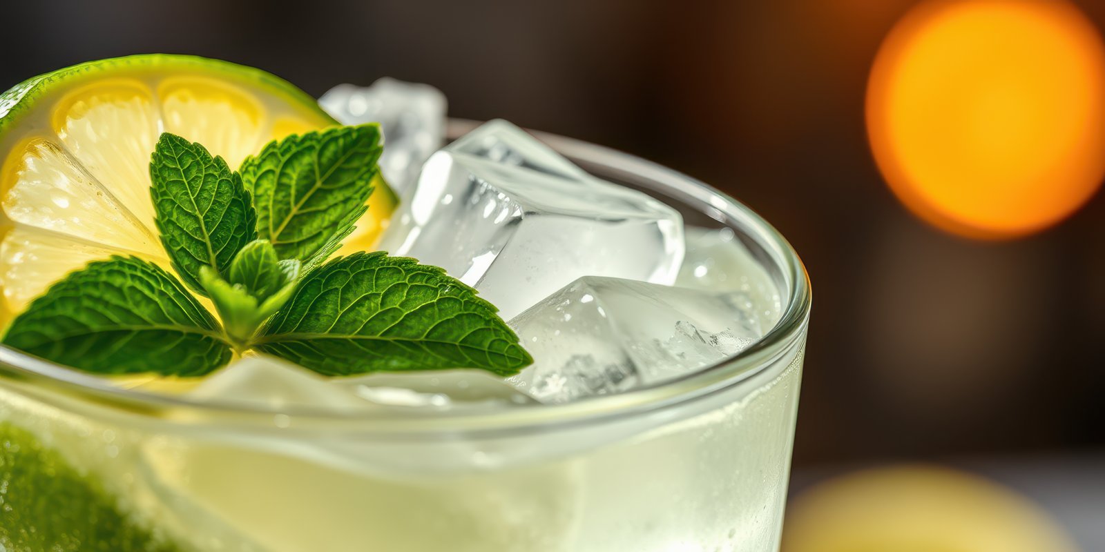 Refreshing drink garnished with mint and lime served in a glass filled with ice at an evening gathering
